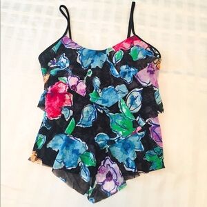 👙Jaclyn Smith Black Floral Tankini Ruffle Top (10